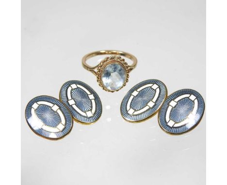 A 9 carat gold aquamarine ring, with a ropetwist surround, 2.9g, size N, boxed, together with a pair of silver gilt enamelled