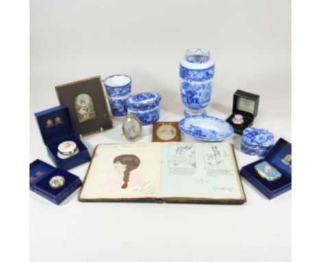 An early 20th century album of autographs and drawings, together with blue and white china and Halcyon Days enamel boxes