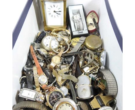 A brass cased carriage clock, together with a collection of various pocket watches, wristwatches and parts