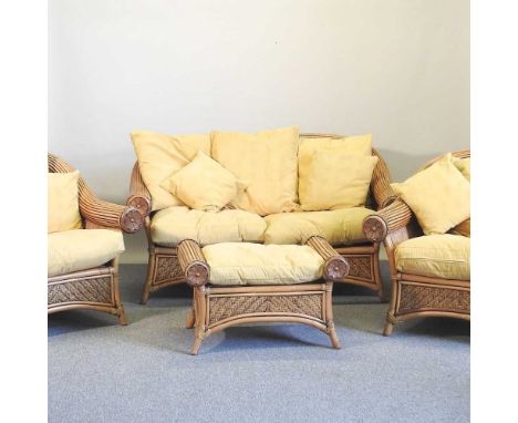 A bamboo and wicker conservatory suite, to include a sofa and two chairs148w x 85d x 84h cm