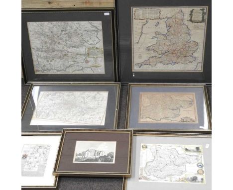 A 19th century hand coloured engraved map of England and Wales, 35 x 35cm, together with three maps of Essex, another of Kent