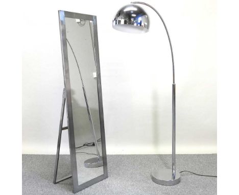 A modern chrome standard lamp, together with a cheval mirror, 160 x 45cm (2)