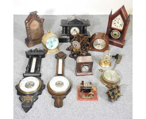 A collection of clocks and barometers, to include a brass cased ship's bulkhead clock, 22cm diameter, together with a Mamod s