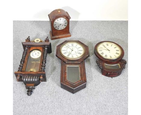 A 19th century mahogany cased bracket clock, 41cm high, together with three drop dial wall clocks (4)