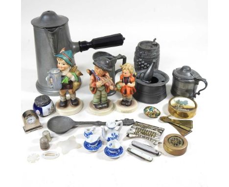 A collection of pewter, together with three Hummel figures, pen knives and other items