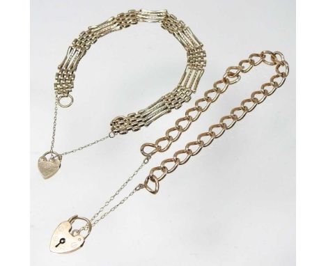 A 9 carat gold gate bracelet, with a padlock shaped clasp, 9.1g, together with a 9 carat gold curb link bracelet, with a padl