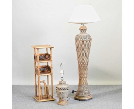 A wicker standard lamp, with shade, 158cm high overall, together with a table lamp and a bamboo stand (3)