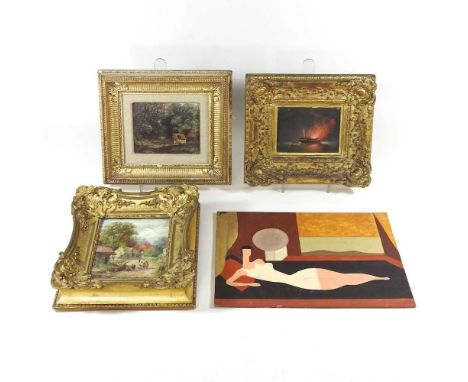 Continental school, 19th century, landscape with figures, oil on panel, 17 x 13cm, in an ornate swept gilt frame, together wi