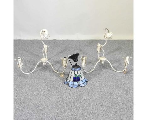 A pair of Jim Lawrence painted metal three branch chandeliers, together with a Tiffany style ceiling light (3)