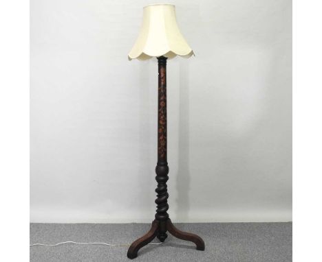 A Dutch marquetry standard lamp and shade, on a tripod base