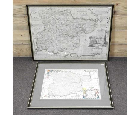 A 19th century engraved map of Essex, later hand coloured, 39 x 49cm, framed, together with another 19th century map, by Eman