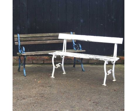 A wooden slatted garden bench, with blue painted metal ends, together with a white painted garden bench (2)white bench 121w x