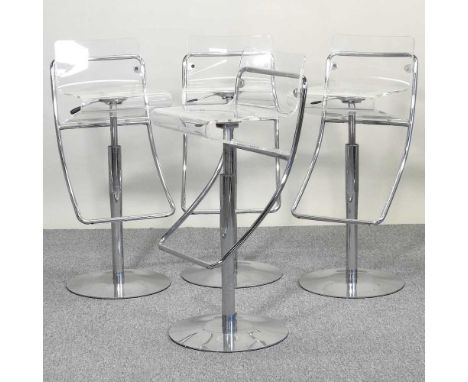 A set of four modern perspex and chrome adjustable bar stools (4)All are usable, solid and adjust ok. Seats rise from between