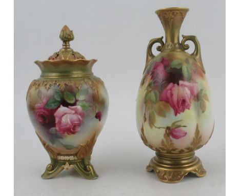 A Royal Worcester quarter lobbed vase, decorated with roses, shape No H263, height 7.5ins, together with a Royal Worcester va