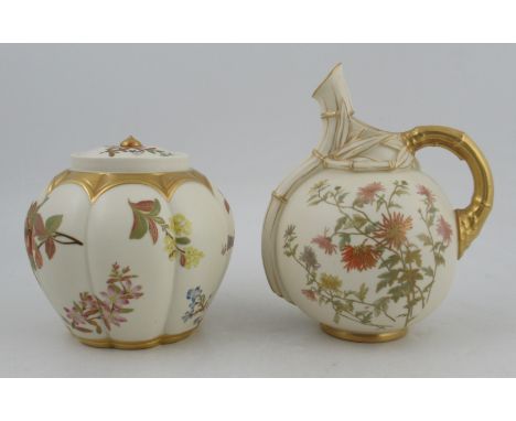 A Royal Worcester globular glided ivory jug, decorated with flowers, shape No 1341, height 9ins, together with a glided ivory