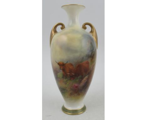 A Royal Worcester vase, decorated with Highland cattle by Harry Stinton, shape no H287, height 7.75ins&nbsp;Condition Report: