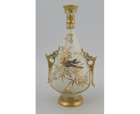 A Royal Worcester gilded ivory vase, decorated with shot silk bird and impressed gilt foliage, height 10.5ins&nbsp;Condition 