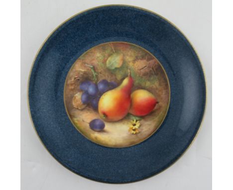 A Royal Worcester plate, decorated with pears and damsons to a mossy ground by R Sebright, to a sabrina border, diameter 9.5i