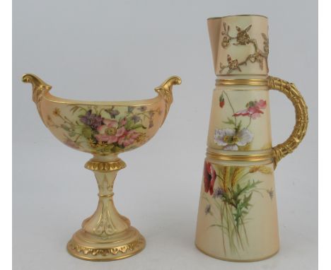 A Royal Worcester blush ivory centre piece, on a pedestal, decorated with flowers, shape No H286, height 7.75ins, together wi