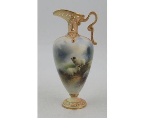 A Royal Worcester ewer, decorated with sheep on a rocky outcrop by Harry Davis, with blush ivory pierced neck and scrolling h