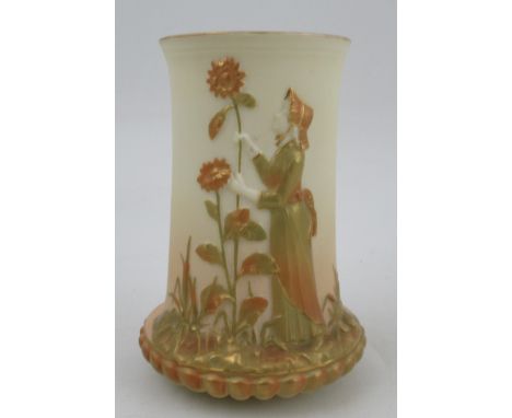 A Royal Worcester blush ivory spill vase, decorated in relief with a shot silk figure in the Kate Greenway style, shape No.23