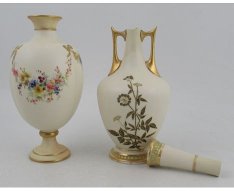 A Royal Worcester quarter lobbed glided ivory vase, decorated with flowers and ribbons, shape No G788, height 9.5ins, togethe