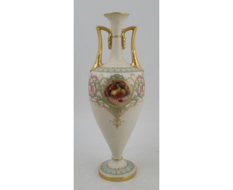 A Royal Worcester two handled vase, decorated with small circular panel of hand painted fruit by Flexman, shape No 2709, heig