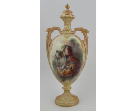 A Royal Worcester covered vase, decorated with an oval panel of a cottage with pigeons in foliage by CHC Baldwyn, shape No 23