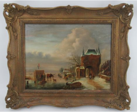 A 19th century oil on board, a frozen lake with figures, a stall flying the Dutch flag with further figures walking on a tow 