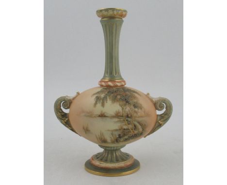 A Royal Worcester ovoid blush ivory vase, decorated with a landscape highlighted in gilt, shape No 2051, height 8ins&nbsp;Con