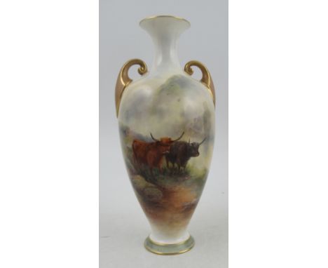 A Royal Worcester vase, decorated with Highland cattle by Harry Stinton, shape no H287, height 7.75ins&nbsp;Condition Report: