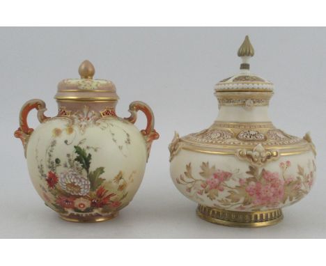 Two Royal Worcester blushed ivory covered vases, decorated with flowers, one with associated cover, shape No 1214 and 1515, h