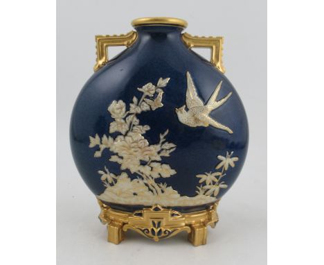 A Royal Worcester pilgrim flask vase, decorated in relief with a bird and foliage to a Sabrina ground, height 10.5ins&nbsp;Co