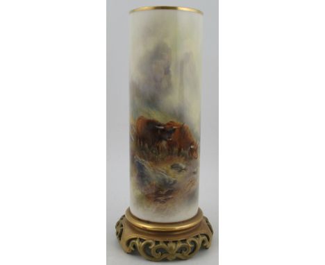 A Royal Worcester cylindrical vase, decorated with Highland cattle in landscape by John Stinton, on a pierced base, shape num