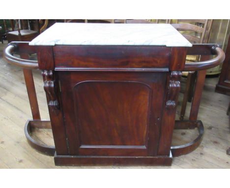 A marble topped mahogany hall cabinet, fitted with a drawer over a cupboard, flanked by stick stands to each side, width 59in