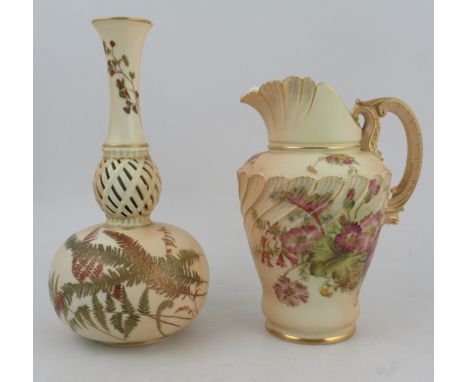 A Royal Worcester ivory jug, with moulded body decorated with flowers, shape No 1652, height 9ins, together with a blush ivor