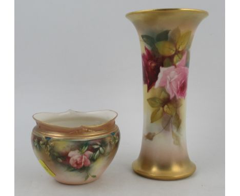 A Royal Worcester spill vase, decorated with roses by Blake, shape No G923, height 7.5ins, together with small Hadley cache p