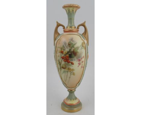 A Royal Worcester vase, decorated with two panels of thistles and flowers, to a faux jewel body, shape No 1859, height 11ins&