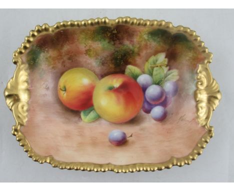A Royal Worcester rectangular dish, decorated with fruit to a mossy background by Roberts, with gilt edge, 5ins x 7insConditi