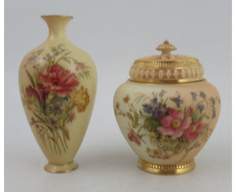 A Royal Worcester blush ivory pot pourri, decorated with flowers to a blush ivory ground, with inner and outer covers, height