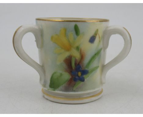 A miniature Royal Worcester three handled loving cup, decorated with flowers and violets, height 1.5ins, possibly by White&nb