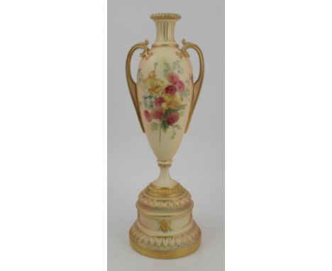 A Royal Worcester slender vase, on a pedestal, decorated with flowers to a blush ivory ground, shape No 1957, height 10.75ins