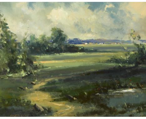 George K. Gillespie RUA (1924-1995) LAGAN FIELDS oil on board signed lower left 17.25 by 22in. (43.8 by 55.9cm) 