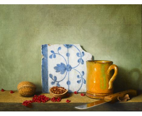 Stuart Morle (b.1960) STILL LIFE WITH CUP AND PORTUGUESE TILE oil on board signed lower right 10.25 by 13.75in. (26 by 34.9cm