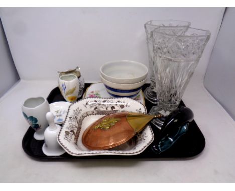 A tray of cut glass vases, copper and brass flask, Poole dolphin figure, blue and white bowl etc   