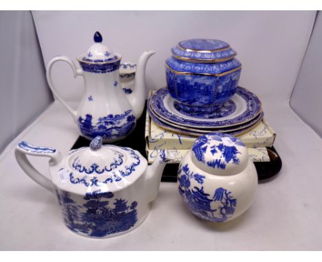 A Ringtons Castles caddy together with further blue and white Ringtons china plates, jugs etc 