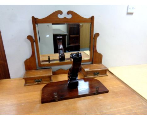 An Edwardian dressing table mirror together with a wooden wall shelf  