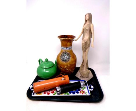 A tray containing Royal Doulton Lambeth vase, modern figurine, pocket telescope etc   