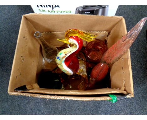 Three boxes containing 20th century glass light shades, Murano glass birds, further glass items etc  