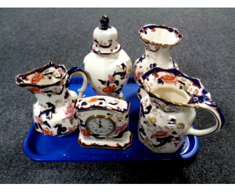 A tray of Masons Mandalay patterned china to include jug, mantel clock and three further pieces  